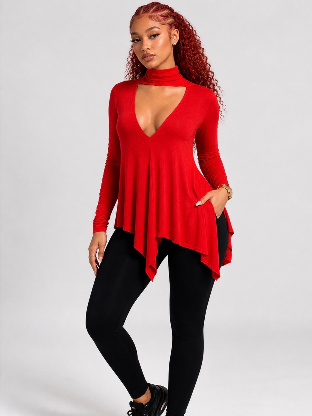 ♥️ Free People Uptown Brilliant Red Raw Edge Keyhole Turtleneck Tunic ♥️